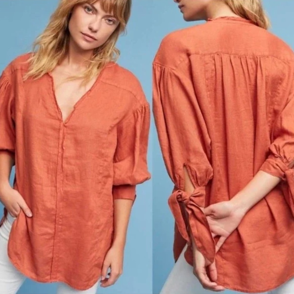 Anthropologie Holding Horses Ginnie Linen Tunic Top 3/4 Puff Sleeve SZ L Brick